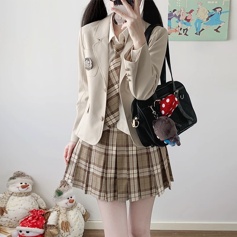 暮云秋/小礼学院西服 新款TR面料美拉德棕色咖格原创JK制服格裙