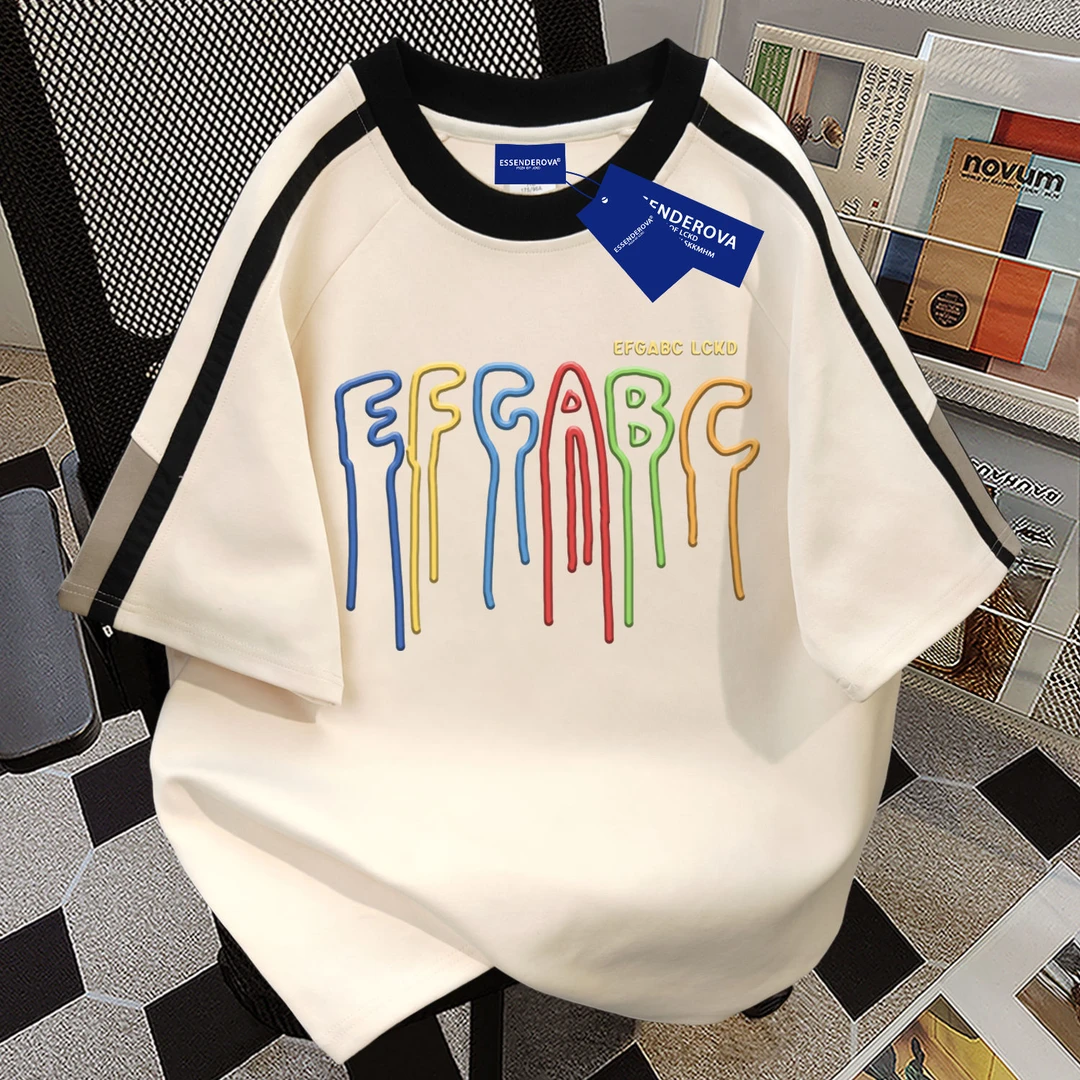 100%纯棉美式复古慵懒感圆领短袖t恤男女夏季宽松休闲情侣上衣ins