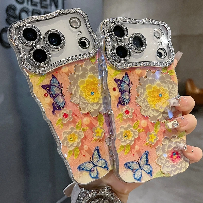 适用苹果系列iPhone17新款手机壳清新山茶花蝴蝶全包满钻精孔镜框