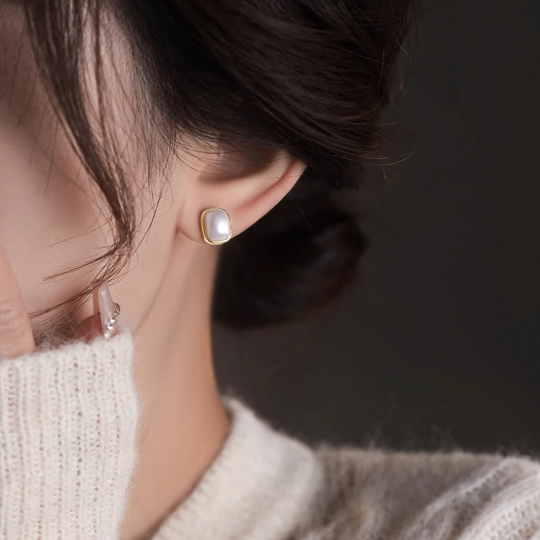 铜合金耳饰 2094韩国方形珠珠耳钉