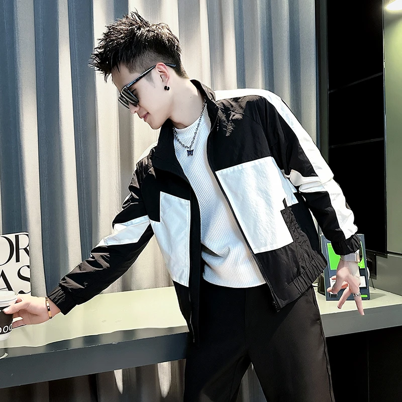 春季立领外套男款潮牌痞帅撞色拼接休闲夹克男装秋季短款百搭褂子