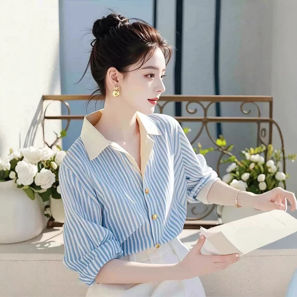 蓝色长袖条纹衬衫韩系chic别致女款春2025新款独特漂亮职业上衣