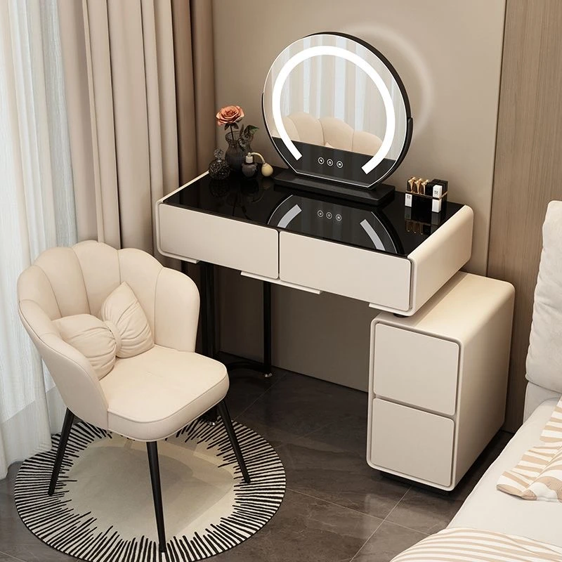 卧室岩板梳妆台60CM现代简约奶油风主卧玻璃斗柜一体家用化妆桌