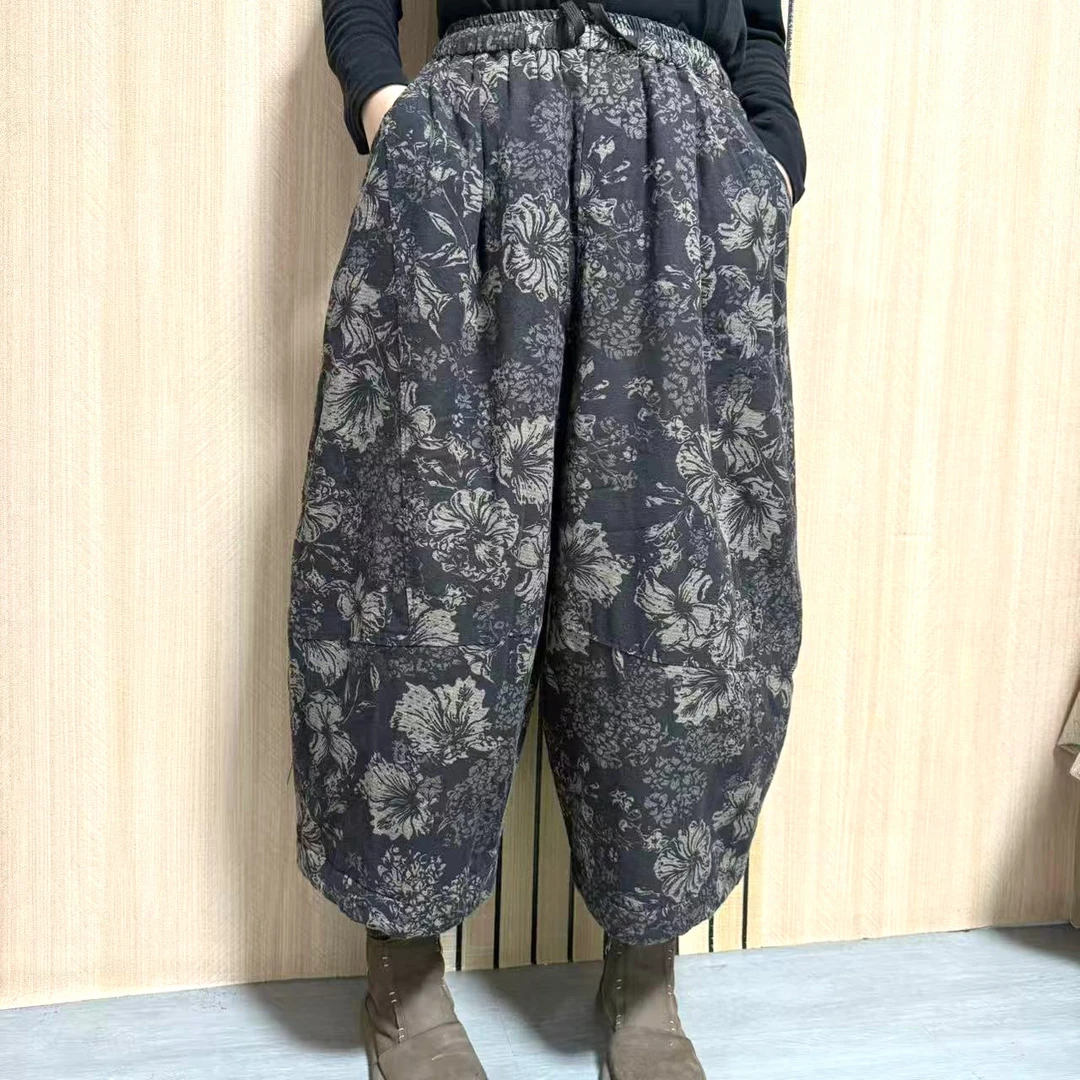 冬季加厚碎花拼接棉裤时尚休闲百搭国风保暖休闲阔腿直筒裤印花
