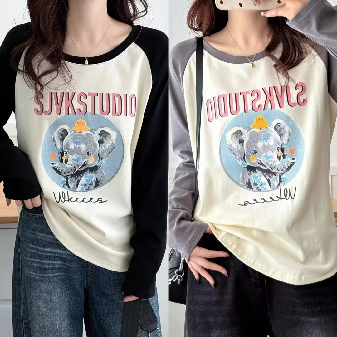 早春内搭推荐！微胖MM拼色卡通印花长袖正肩T恤女宽松百搭打底上衣