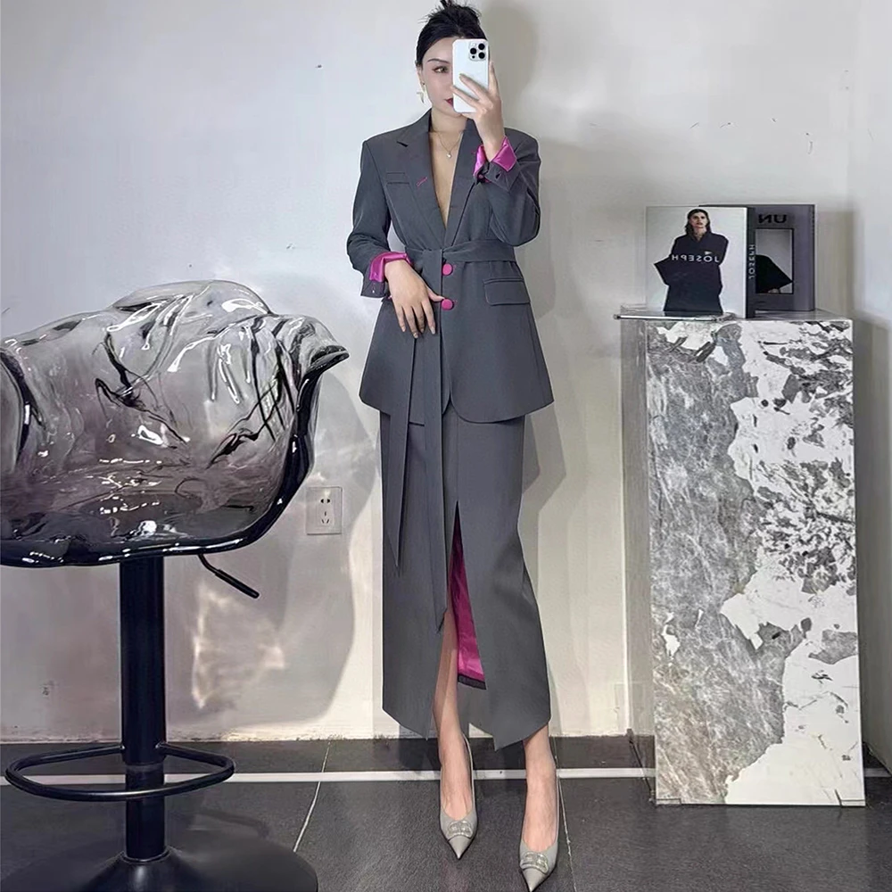 春秋搭配一整套干练气质轻奢高级感炸街减龄时尚灰色西装套装裙女