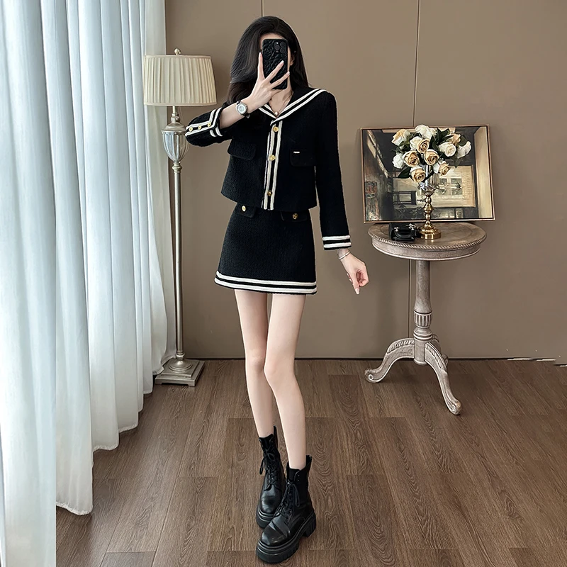 春秋气质学院风海军领短裙两件套小个子时尚洋派减龄小香风套装裙