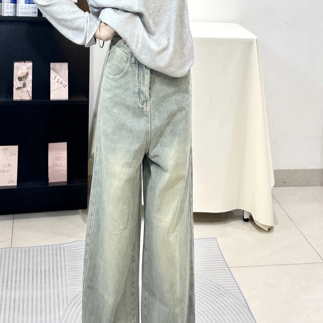复古浅色做旧高腰宽松显瘦女款秋季阔腿直筒拖地牛仔裤阔腿牛仔