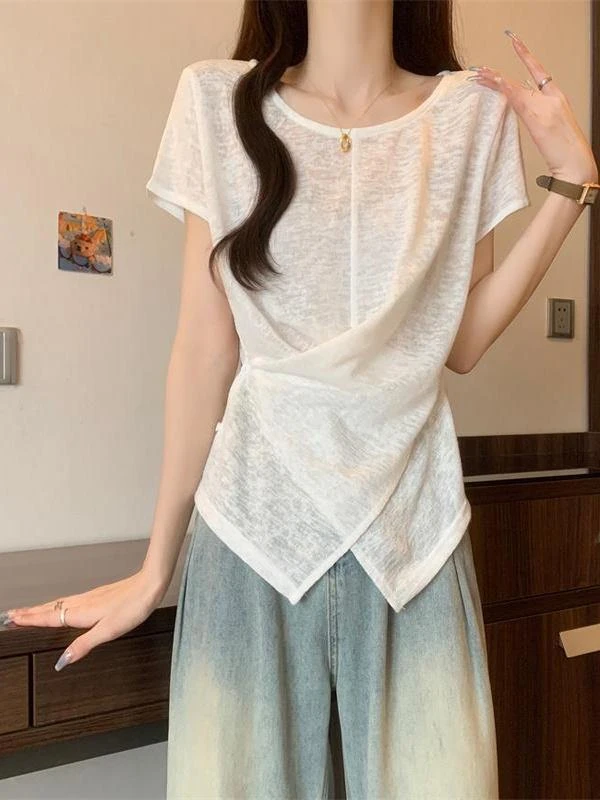 宽松圆领套头修身显瘦短袖T恤上衣2025夏季新款设计感侧扣时尚女