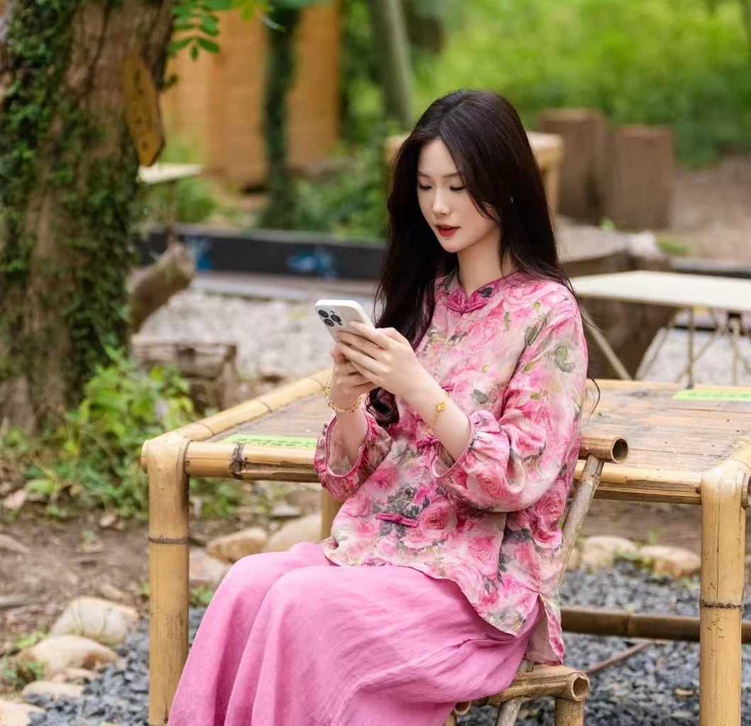 《卡布粉》 原创中式纯苎麻短款宽松显瘦印花上衣