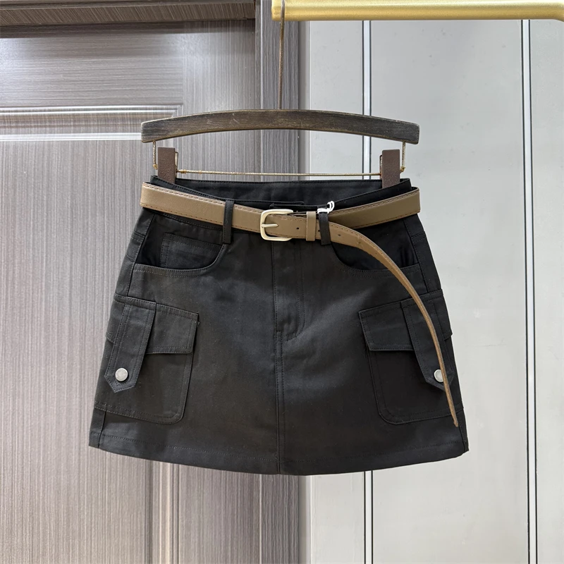 黑色休闲高腰半身裙女2025夏显瘦包臀裙防走光a字工装水洗棉短裙