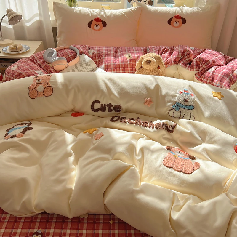 卡通风甜心派水洗棉毛巾绣床上四件套非全棉纯棉被套床单四季通用