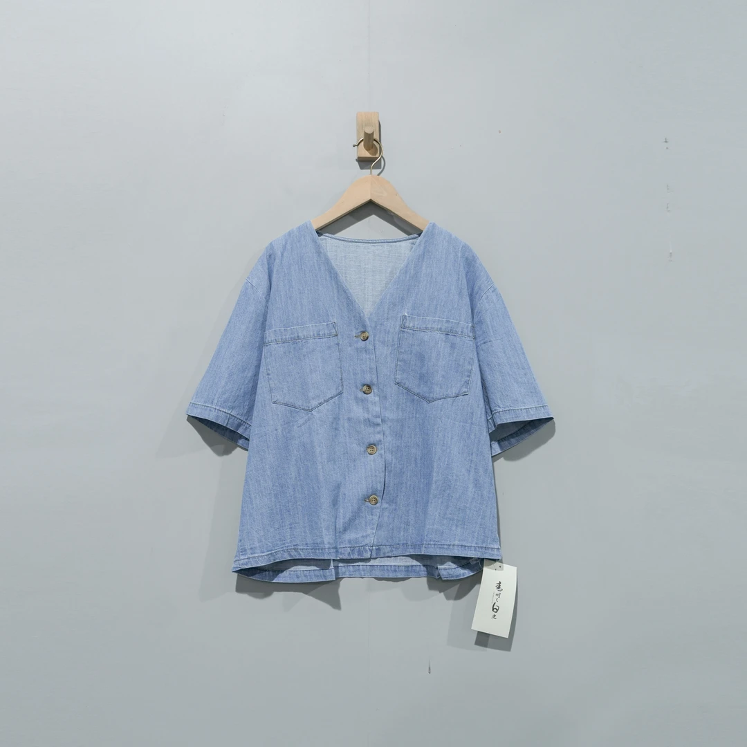 【且听风吟】0113544文艺棉复古v领双口袋显瘦牛仔T恤衣长60胸围122