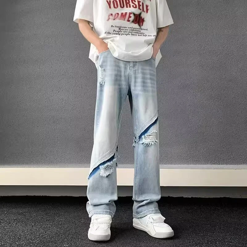 美式破洞浅色窄版阔腿痞帅牛仔裤男春秋新款宽松直筒百搭拖地裤潮
