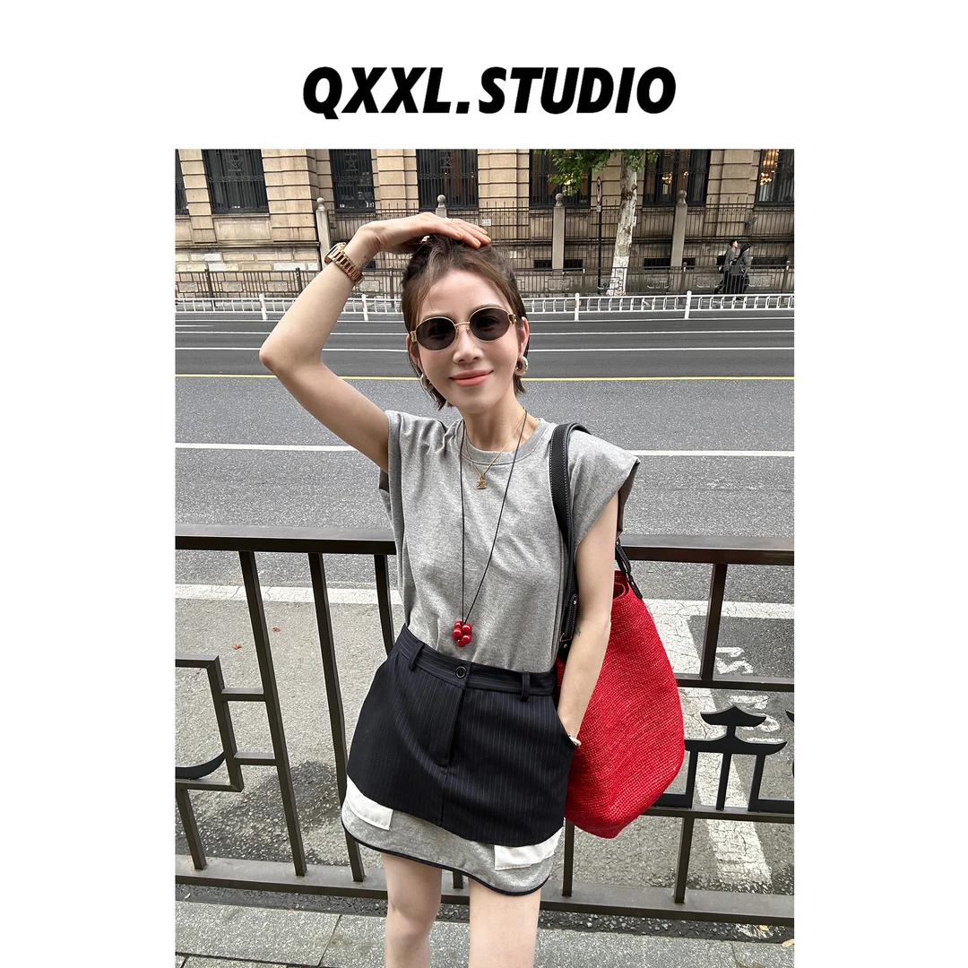 邱小小丽呀 夏款假两件无袖T恤连衣裙 宽松收腰显瘦百搭上衣女