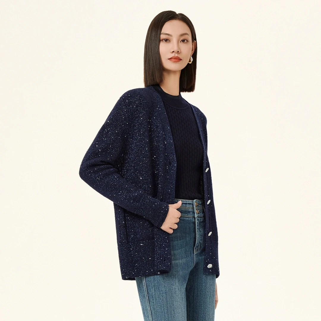 【CC专属】羊毛羊绒混纺毛针织衫时髦落肩亮片2025年冬季新款