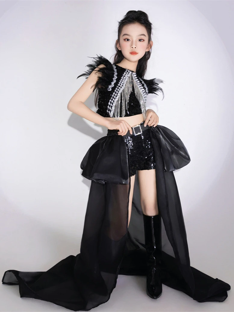 女童黑色亮片T台走秀服大玩家潮服拖尾PK赛服疾风运动8酷帅9套装7