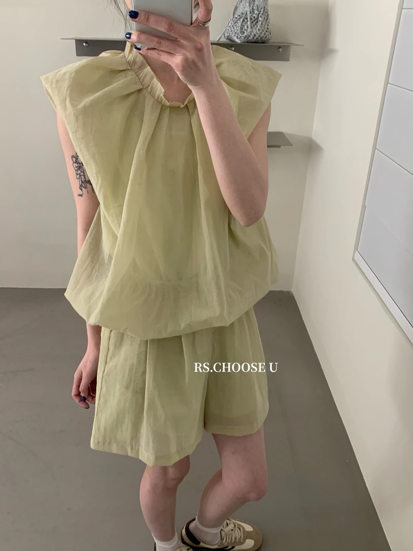 RS@5602 韩系小清新荷叶边小衫+百褶短裙套装