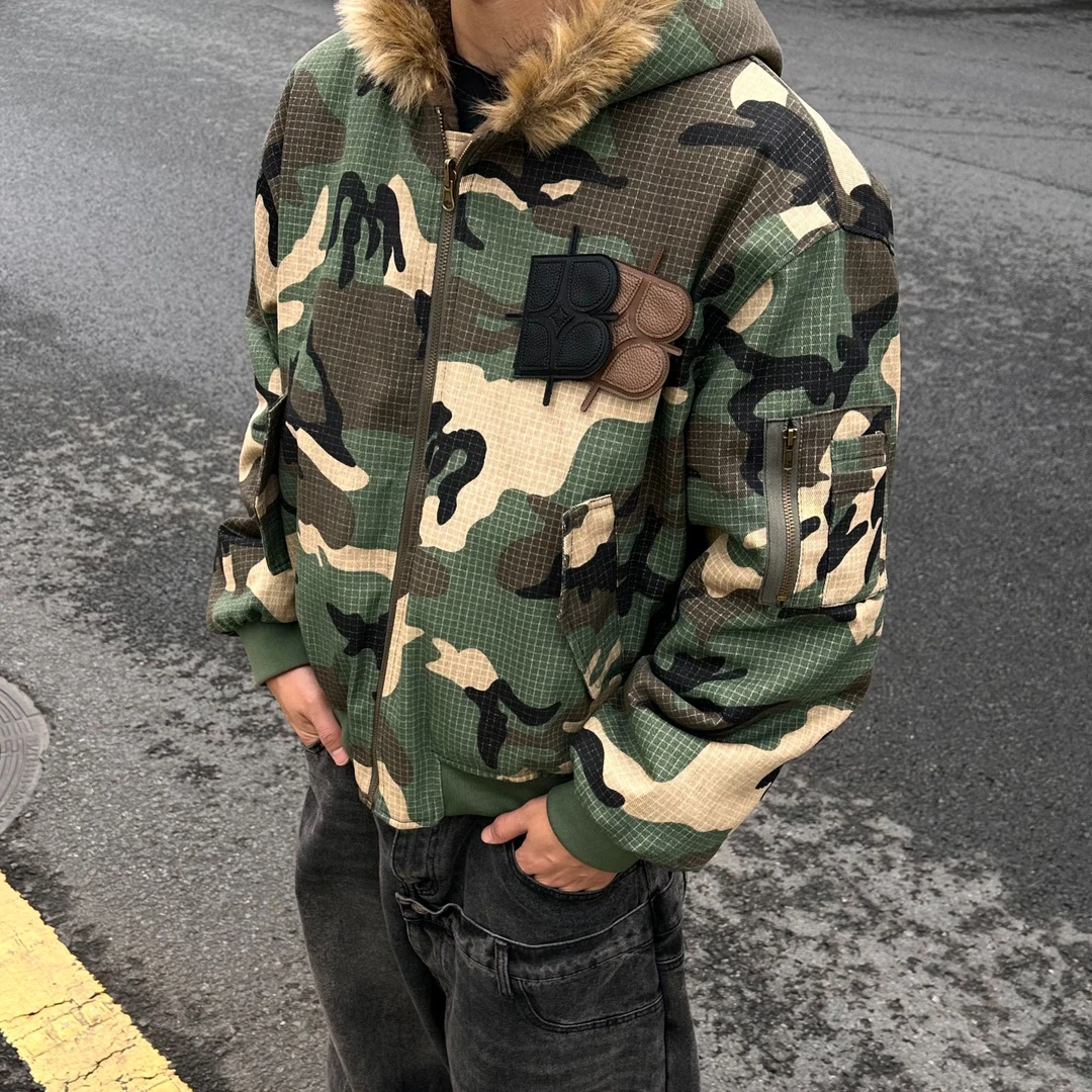 BIPOLAR双面穿座山雕毛领迷彩加绒加厚棉服19Z070