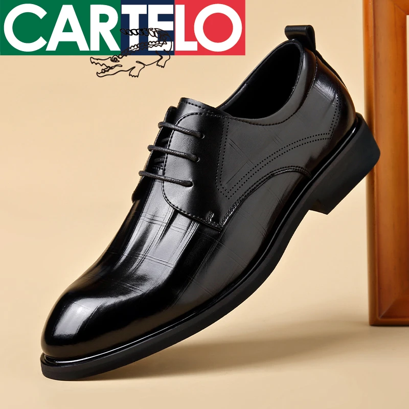 CARTELO/卡帝乐鳄鱼时尚百搭透气黑色尖头结婚鞋商务英伦男士休闲