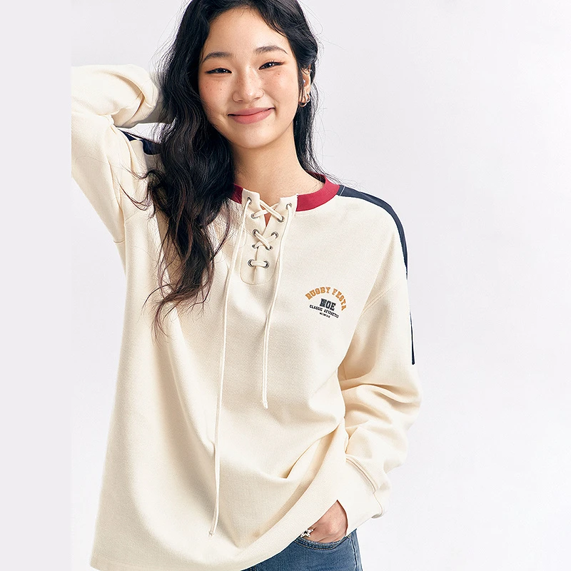 NO ONE ELSE美式复古女装秋季撞色拼接宽松长袖上衣字母印花T恤