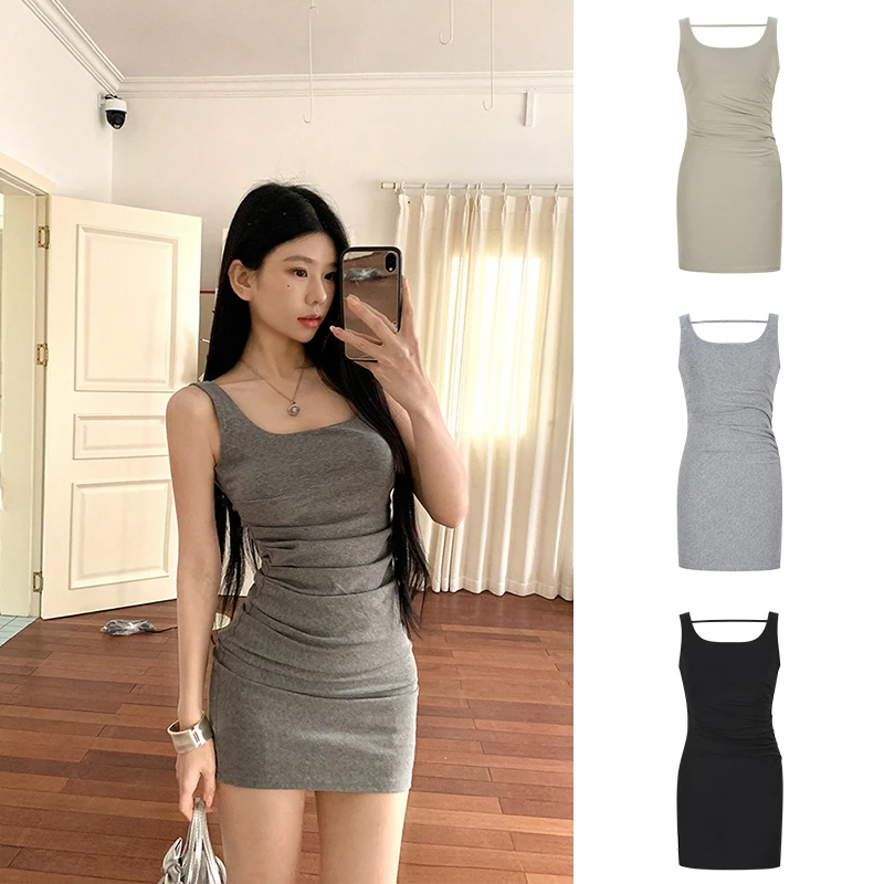 Moses Queen/魔西女王美式复古U领吊带连衣裙辣妹收腰褶皱短裙