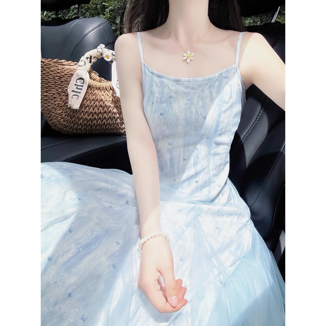 parkyeon海边度假浅蓝色网纱吊带连衣裙女温柔风显白沙滩碎花裙