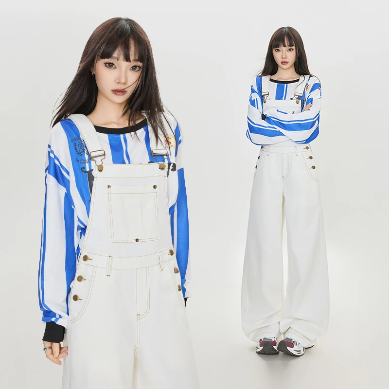 哥弟阿玛施正2025秋季新款白色背带裤女减龄百搭宽松显瘦牛仔长裤