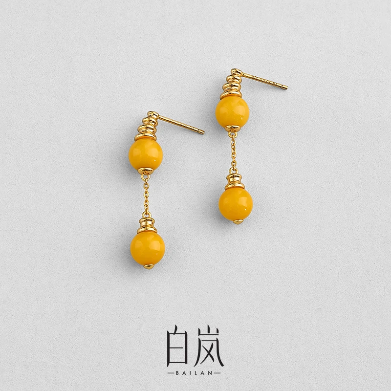 白岚环纹蜜蜡耳坠气质女小众设计耳饰耳环法式复古流光风ED4381