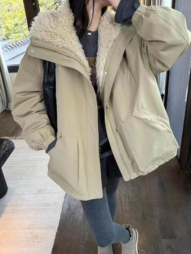 【琴】 8759新款宽松百搭翻领加棉内里毛绒加厚外套