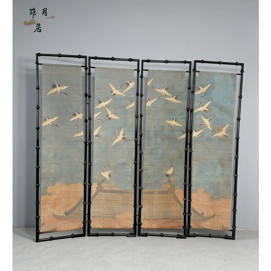 宋式美学筇竹屏风仙鹤竹画竹编客厅隔断折叠移动遮挡茶室装饰折屏