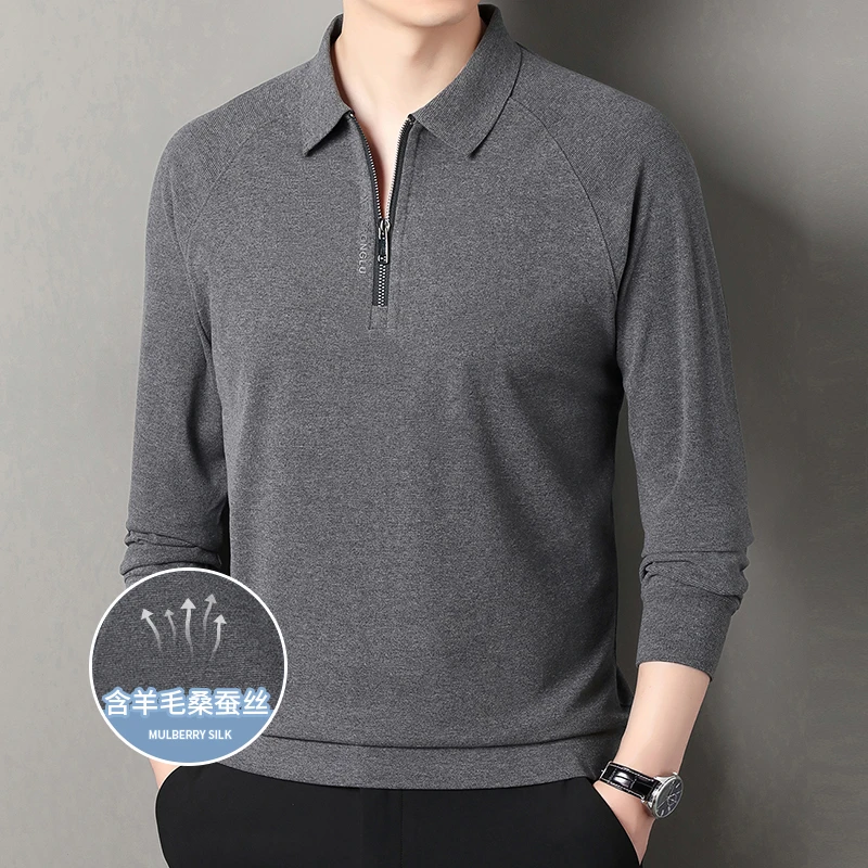 春秋季男士长袖高级感翻领半拉链T恤翻领POLO衫中年休闲百搭上衣