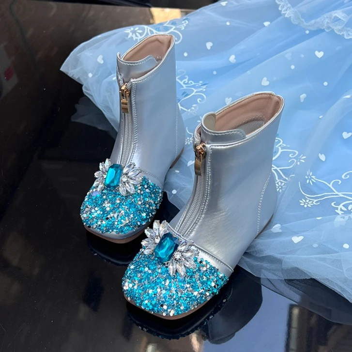 女童品牌闪亮靴子公主水晶鞋儿童马丁靴秋冬季宝宝软底短靴小女孩