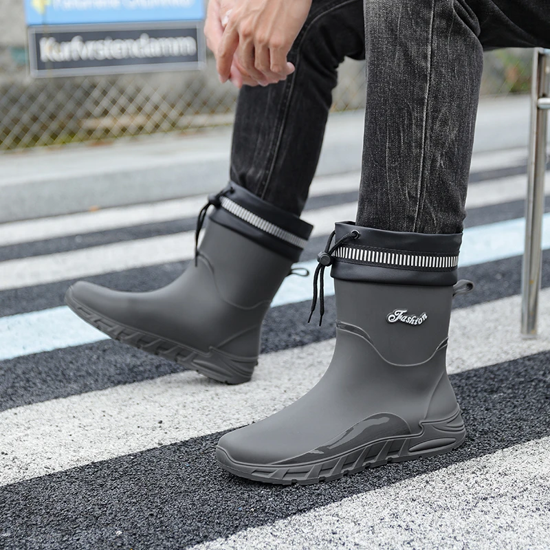 户外防水中筒雨鞋男士成人防滑钓鱼胶鞋时尚露营雨靴松紧口防水鞋