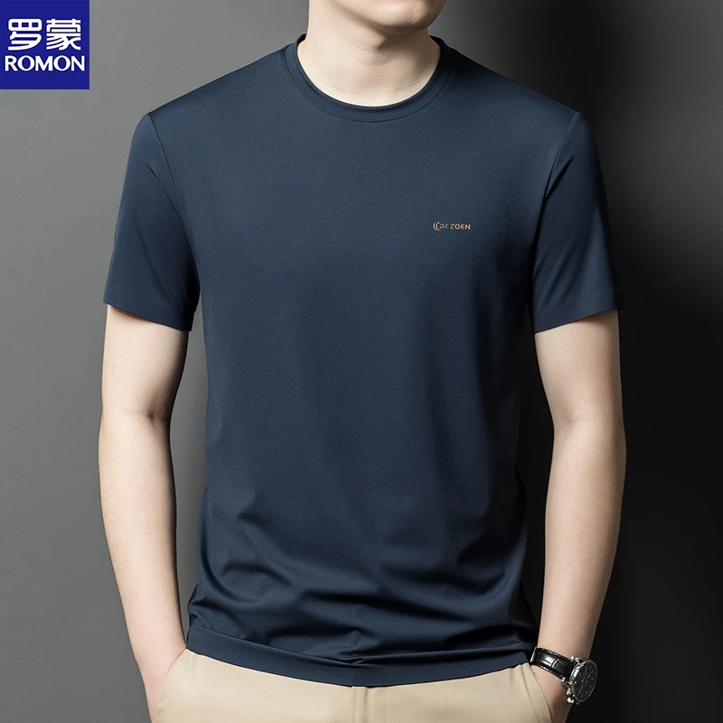 Romon/罗蒙【含桑蚕丝】男装夏季短袖T恤2025新款圆领男士半袖商务