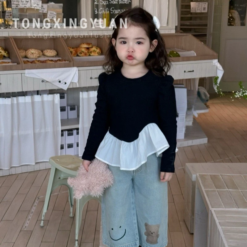 2025春季新款女童儿童装韩版荷叶边洋气上衣T恤小熊牛仔裤