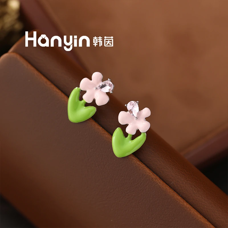 铜合金珐琅耳饰 925银针粉色花朵夏日多巴胺时尚小众设计耳钉