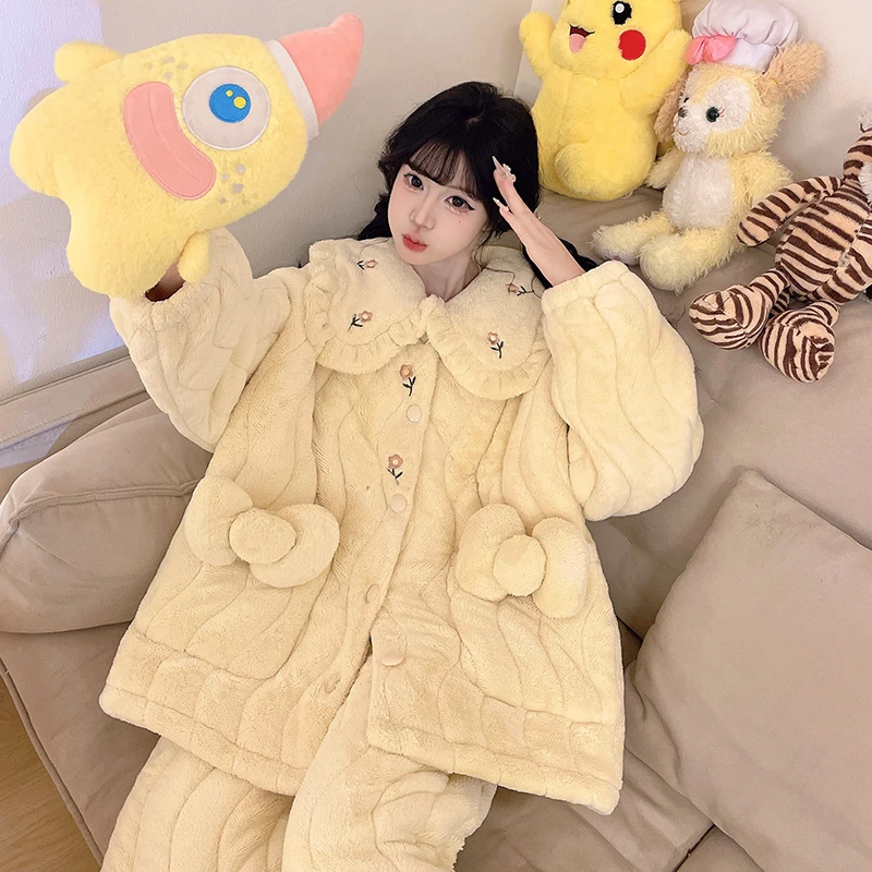 湖南省省服睡衣女款秋冬季三层夹棉加厚珊瑚绒甜美花朵家居服套装