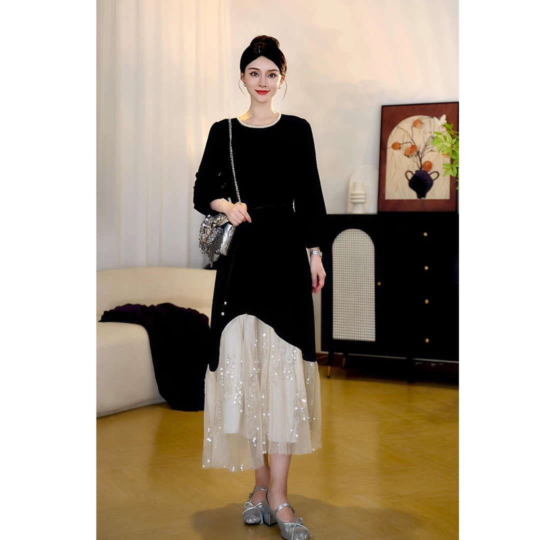 2025早秋新款密斯卡丹绒拼接纱裙女高级感轻奢时尚宽松法式连衣裙