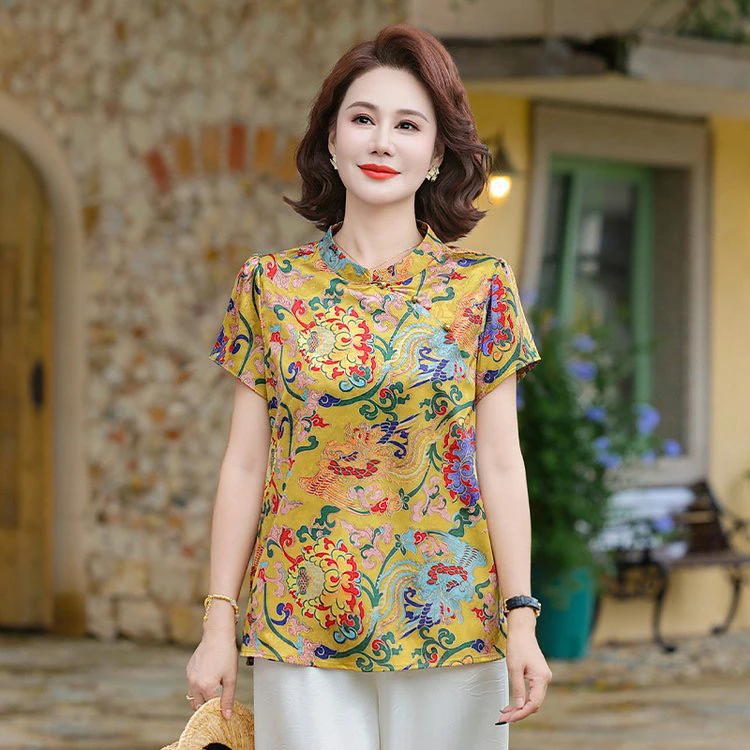 时尚中老年妈妈夏季短袖新中式国风立领小衫721
