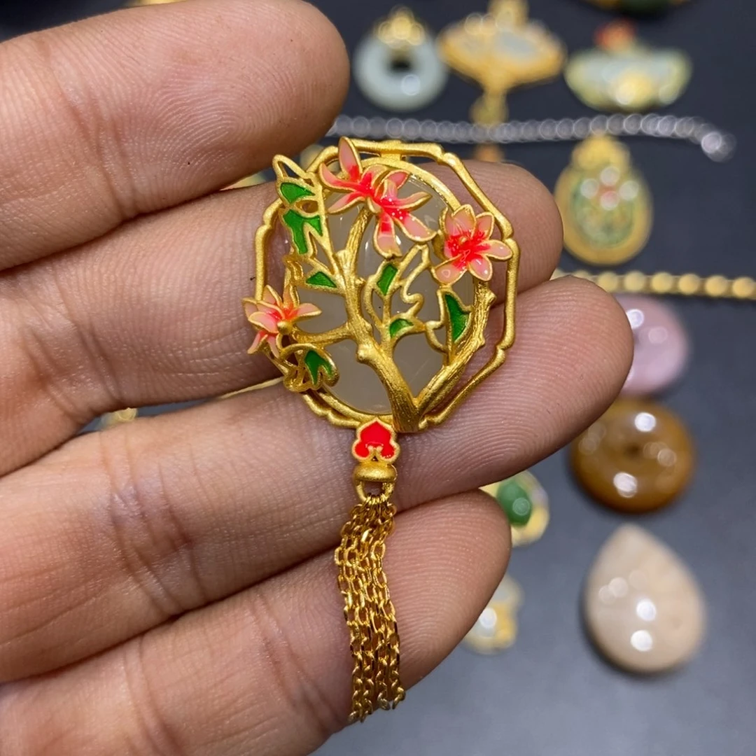 和田玉颈饰银S925镀金镶嵌