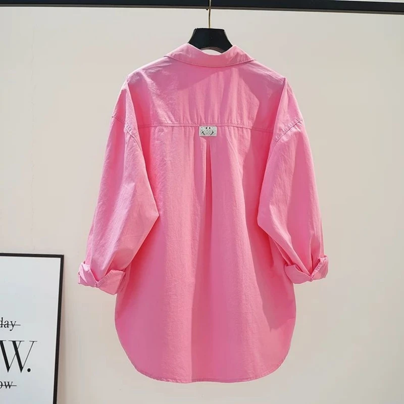 玫红色背后笑脸中长款衬衫女2025春季休闲纯棉衬衣长袖百搭上衣新