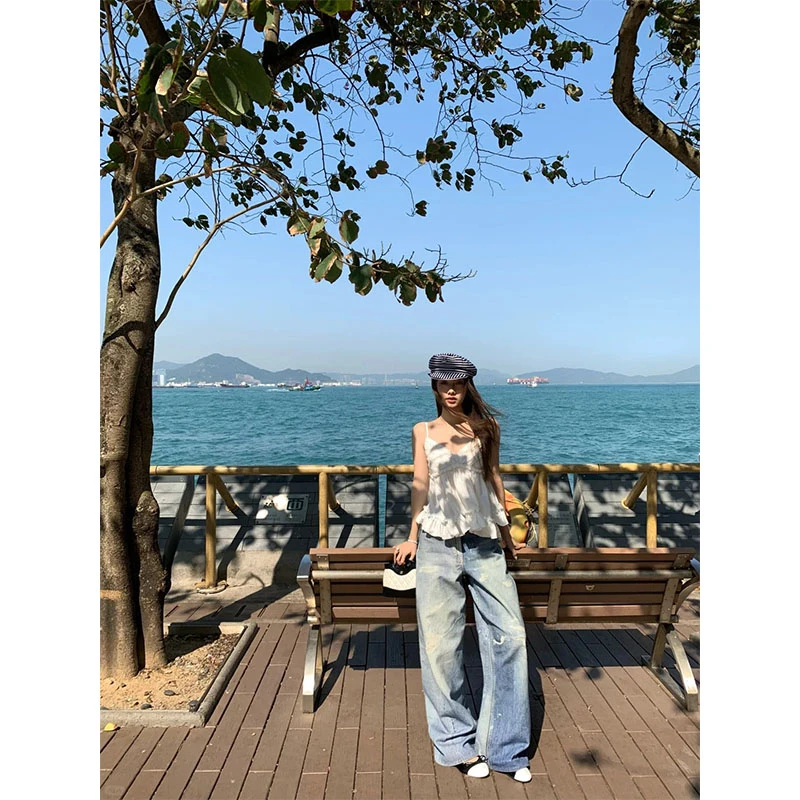2025夏季新款气质度假风显瘦吊带背心上衣复古百搭宽松直筒牛仔裤