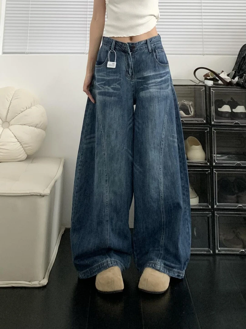 TX 原创美式高街立体裁剪廓形水洗弯刀牛仔裤拖地裤高腰显瘦