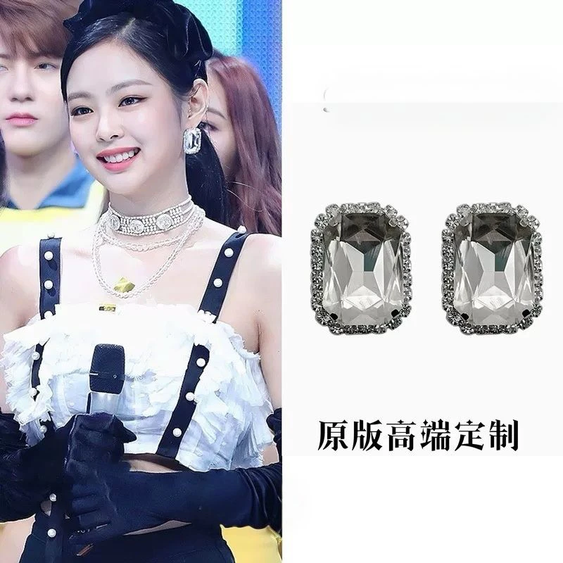 合金耳饰 复古时髦感几何方形耳钉闪耀皓石包边切割玻璃耳环耳饰