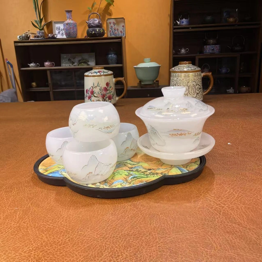 心名茶器 白琉璃山水三才盖碗加四杯家用小套组功夫茶具-2965