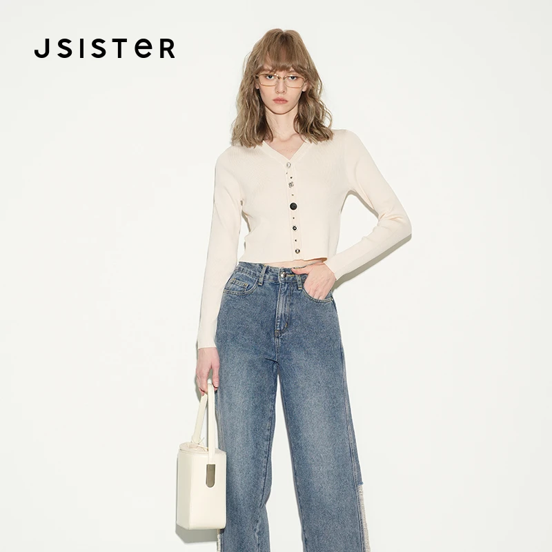 jsister 2025春装新款 JS女装时尚浅咖色V领修身短款针织开衫毛衣