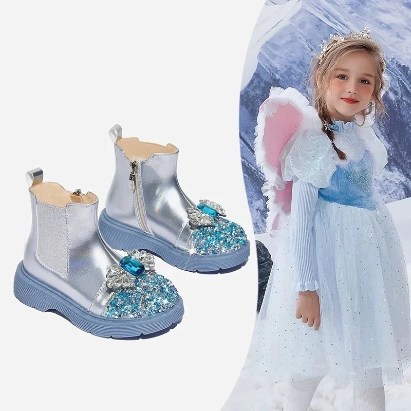 ABC女童短靴爱莎公主马丁靴2025秋冬新款女孩中大童水晶表演皮靴