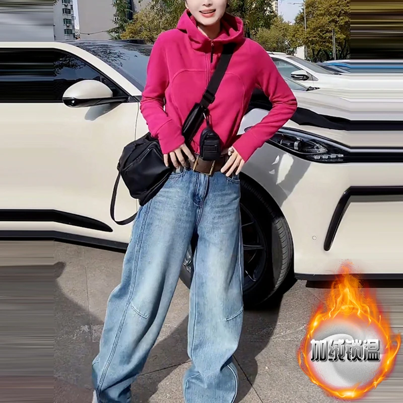 套装女春季新款休闲高级感显瘦连帽长袖卫衣复古加绒牛仔裤两件套