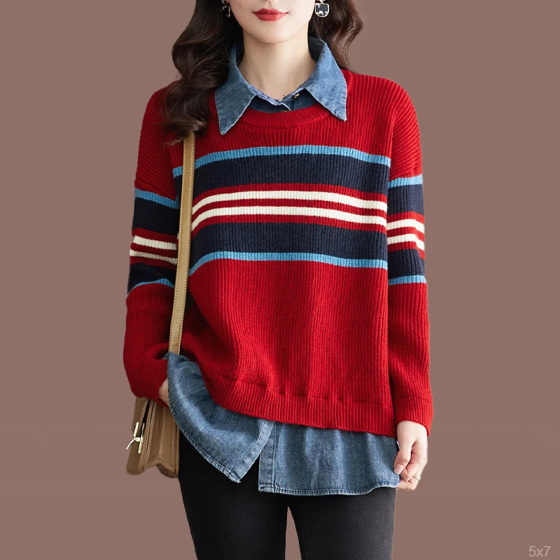 韩系针织衫女2025秋冬新款时尚衬衫穿搭假两件设计感上衣毛衣外套